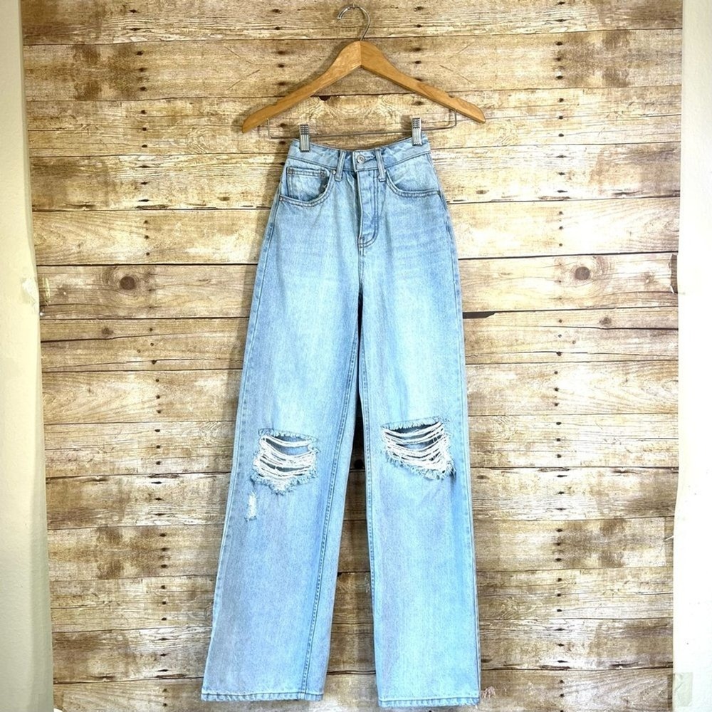 AND NOW THIS Womens High Rise Wide Leg Distressed Jeans Light Wash Size 25